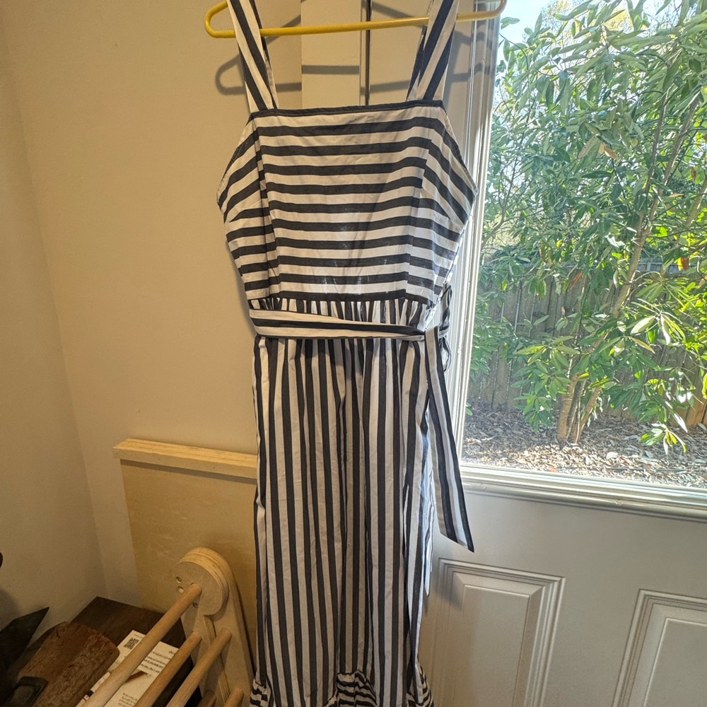 Navy and White Striped Midi Dress with Tie Waist